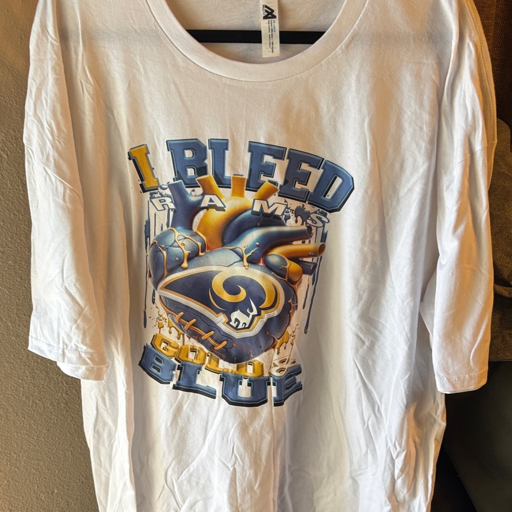 White Graphic T-Shirt with Blue and Gold Design